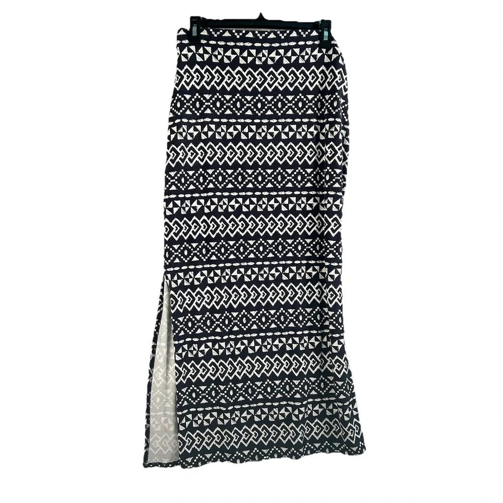 Loft Skirt Women's Small Maxi Length Navy Blue Geometric Pull‎ On Stretch 0138